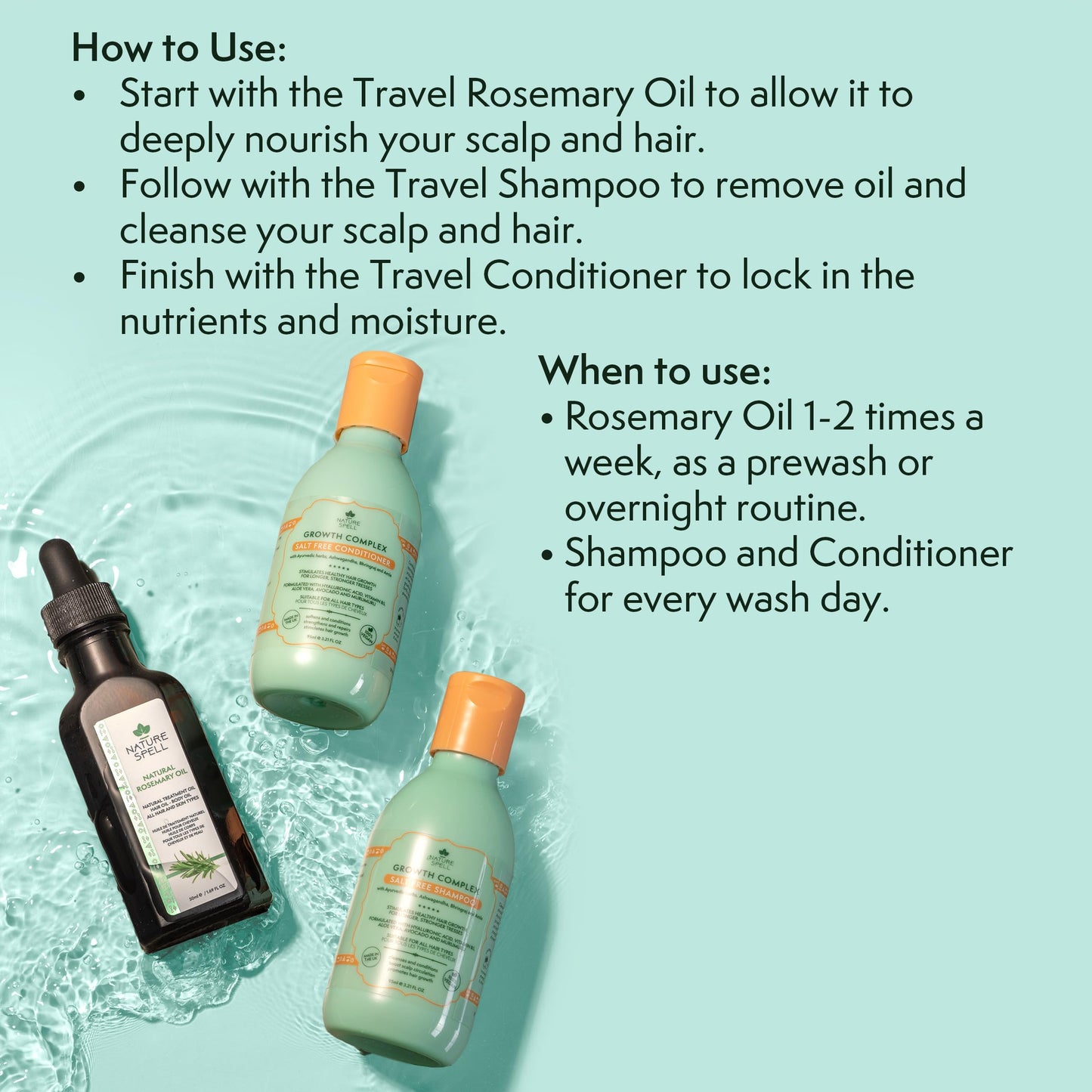Nature Spell Hair Growth Travel Set, Includes Rosemary Oil, Shampoo & Conditioner, Nourishing & Strengthening, Vegan, Set of 3