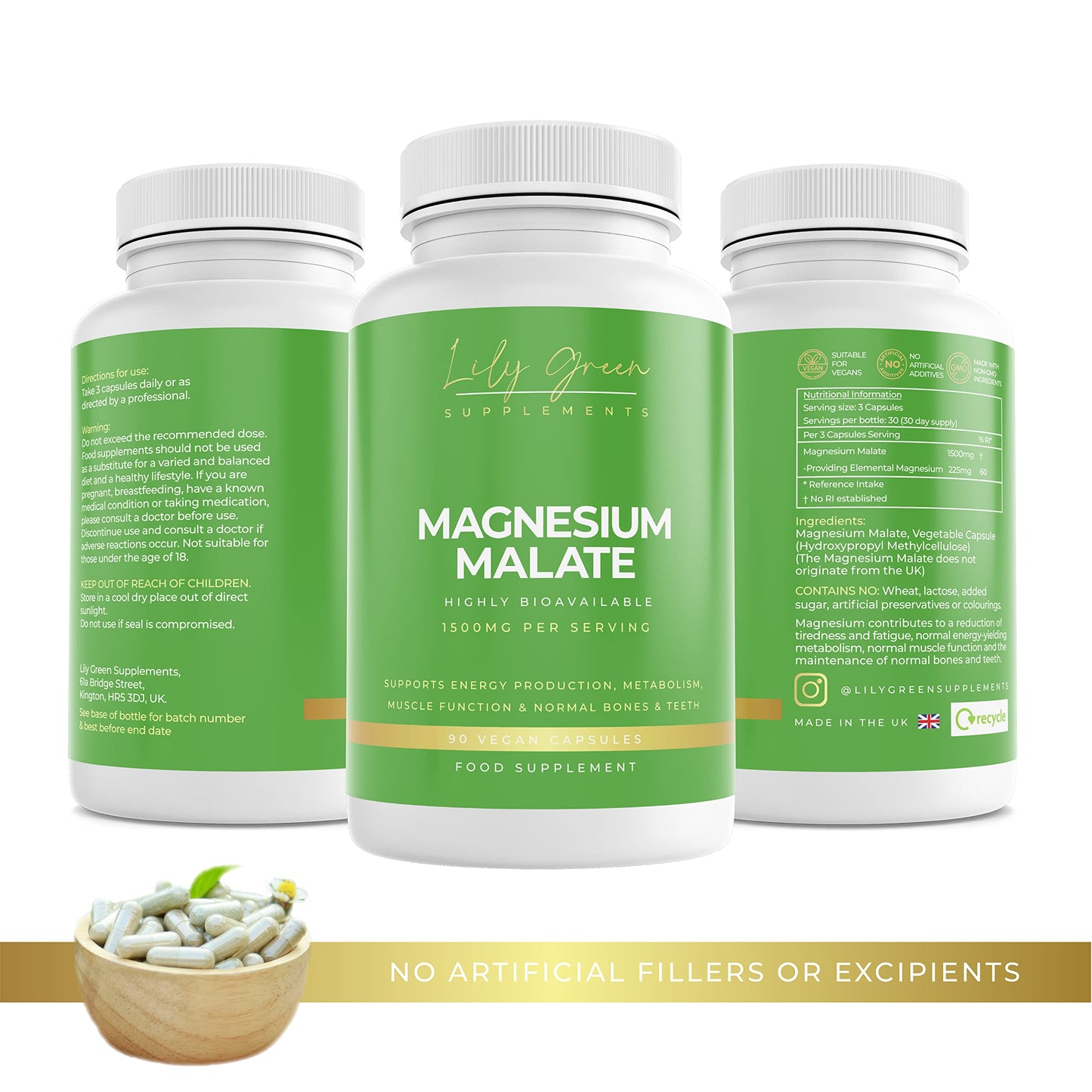 Lily Green Supplements Lily Green | Magnesium Malate 1500mg per Serving | 90 Vegan Caps | Supports Energy, Muscle Function, Nervous System, Normal Bones & Teeth | No Artificial Fillers | Made in UK