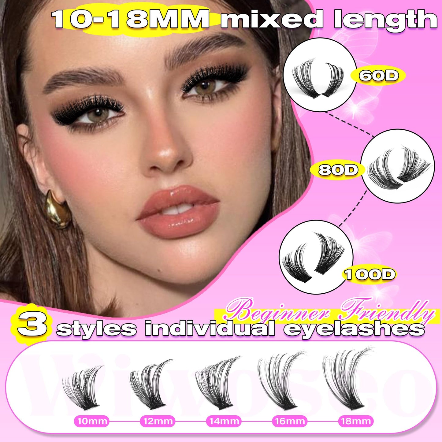 wiwoseo Individual Eyelashes Cluster Lashes Kit 60+80+100D 10-18MM