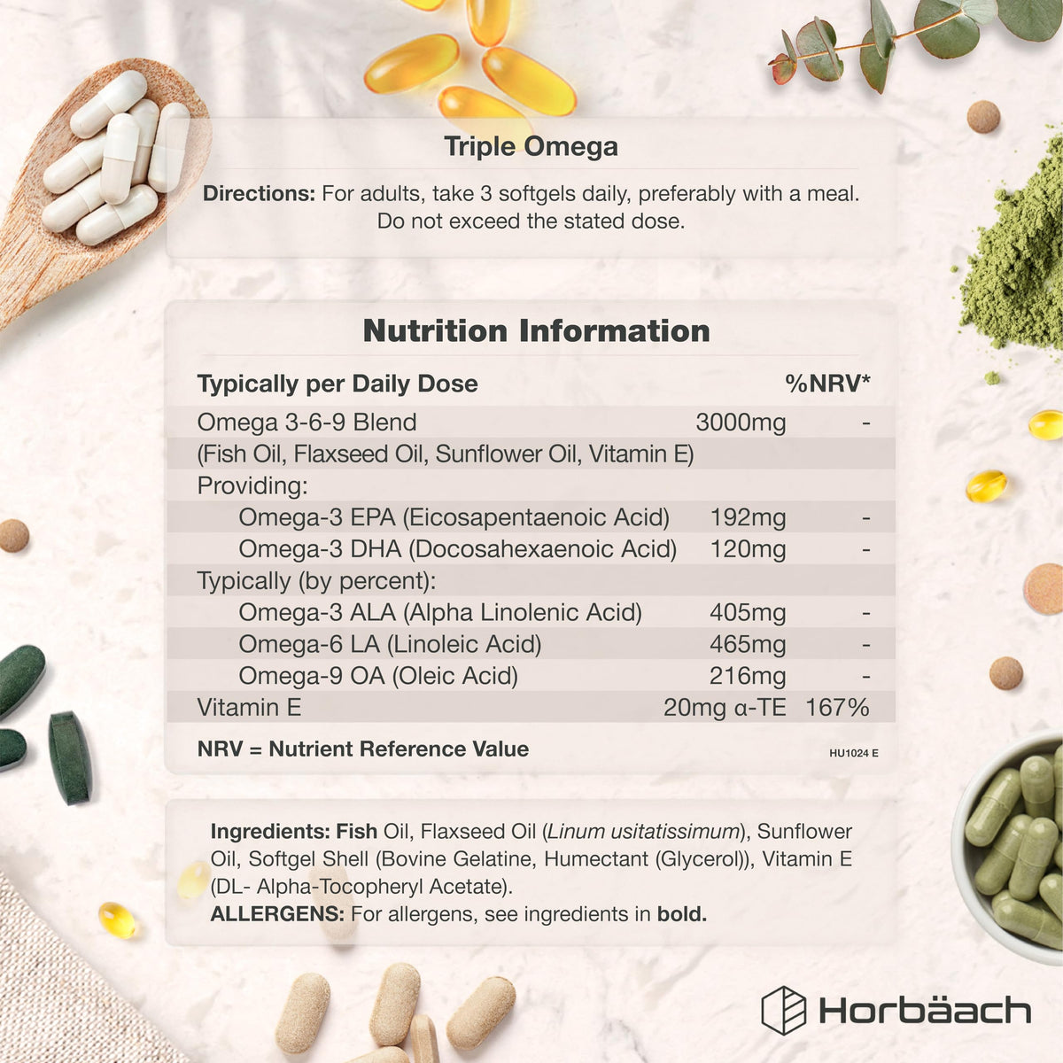 Horbäach Triple Omega 3 6 9 Capsules 3000mg ALA, LA & OA | 120 Softgels | High Strength EPA & DHA Essential Fatty Acids | Supplement with Fish Oil, Flaxseed & Sunflower Oil | by Horbaach