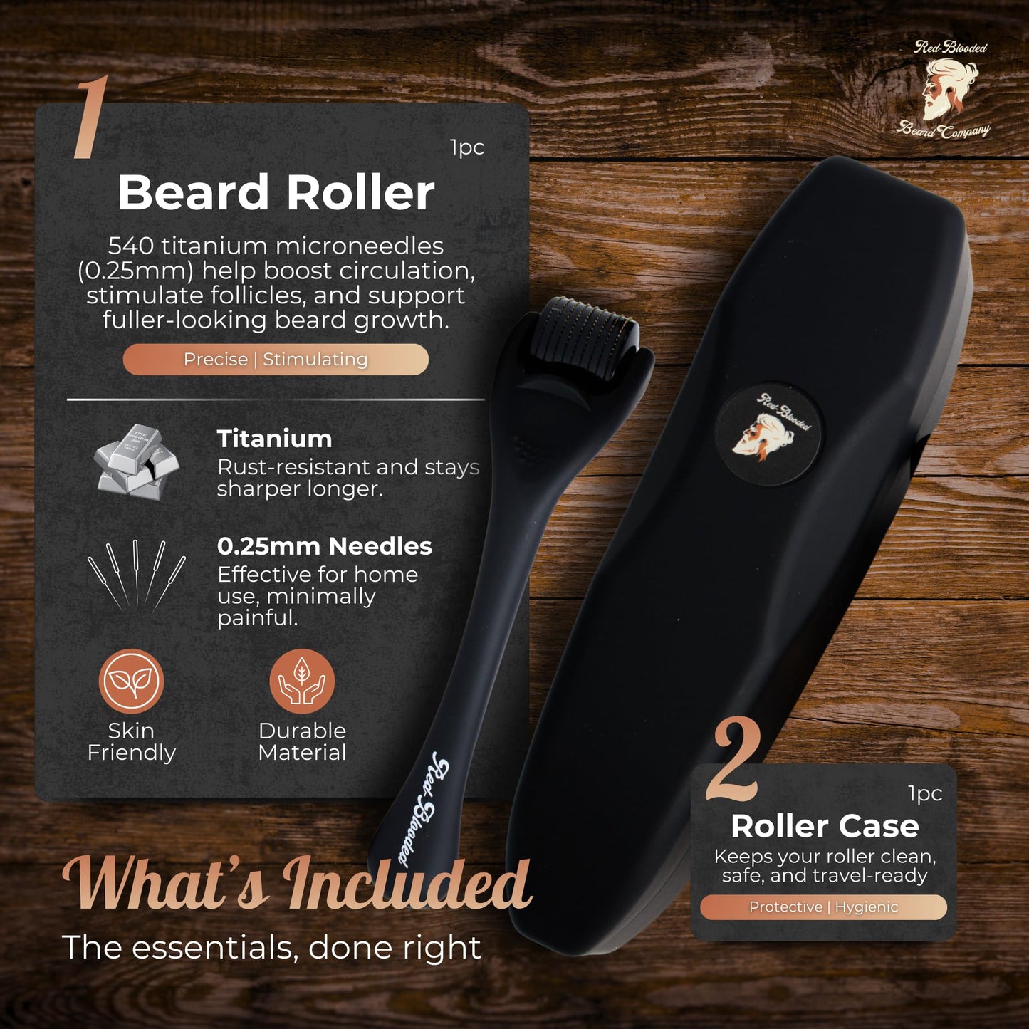 Red-Blooded Beard Roller 0.5mm – 540 Titanium Microneedle Derma Roller for Beard Growth & Hair Regrowth for Men – Microneedling Tool for Thicker, Fuller Beard & Skincare