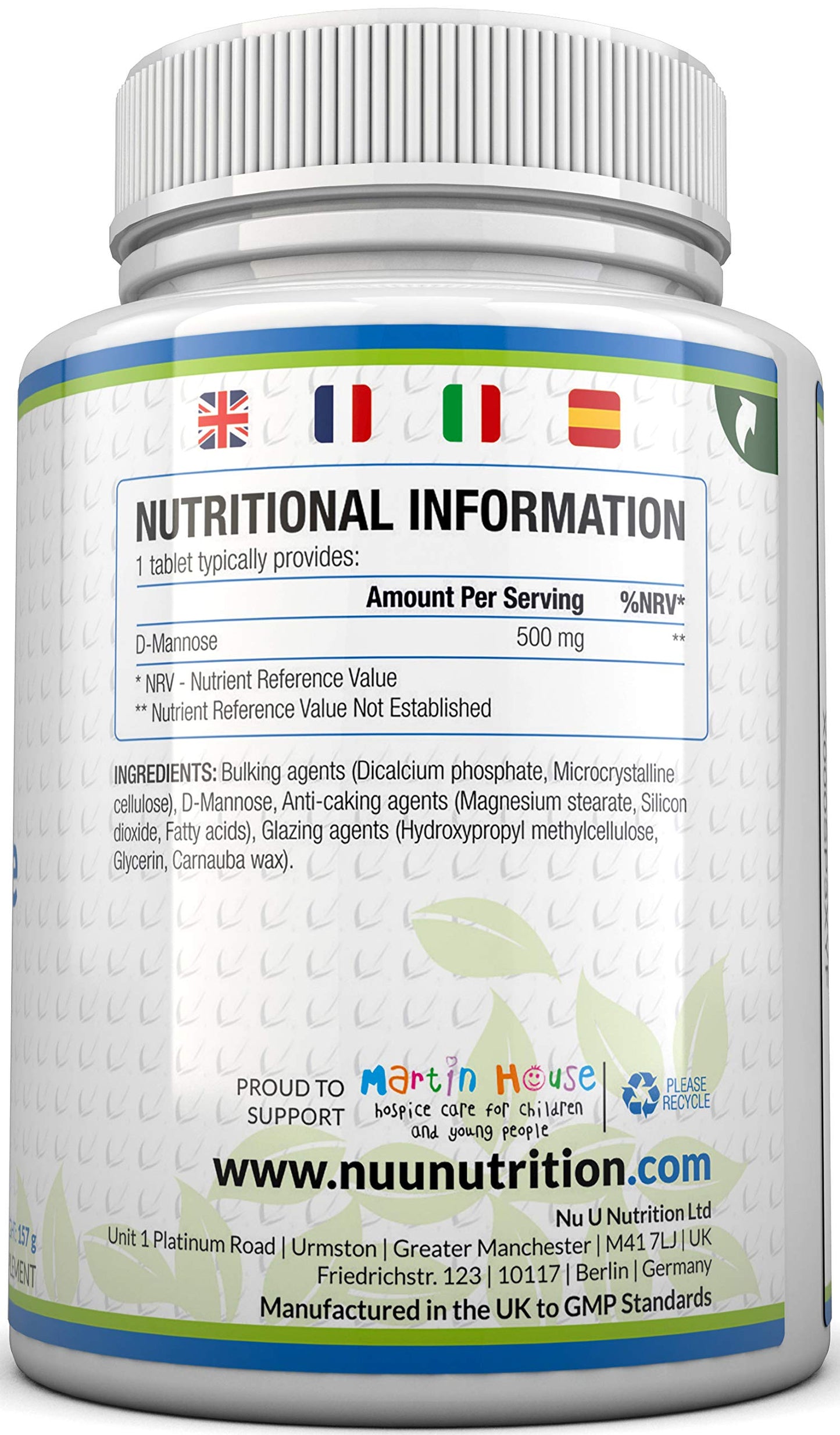Nu U Nutrition D-Mannose Tablets 500mg - 120 Vegan Tablets - 4 Month Supply - High Strength D Mannose - Not Capsules or Powder - Made in The UK