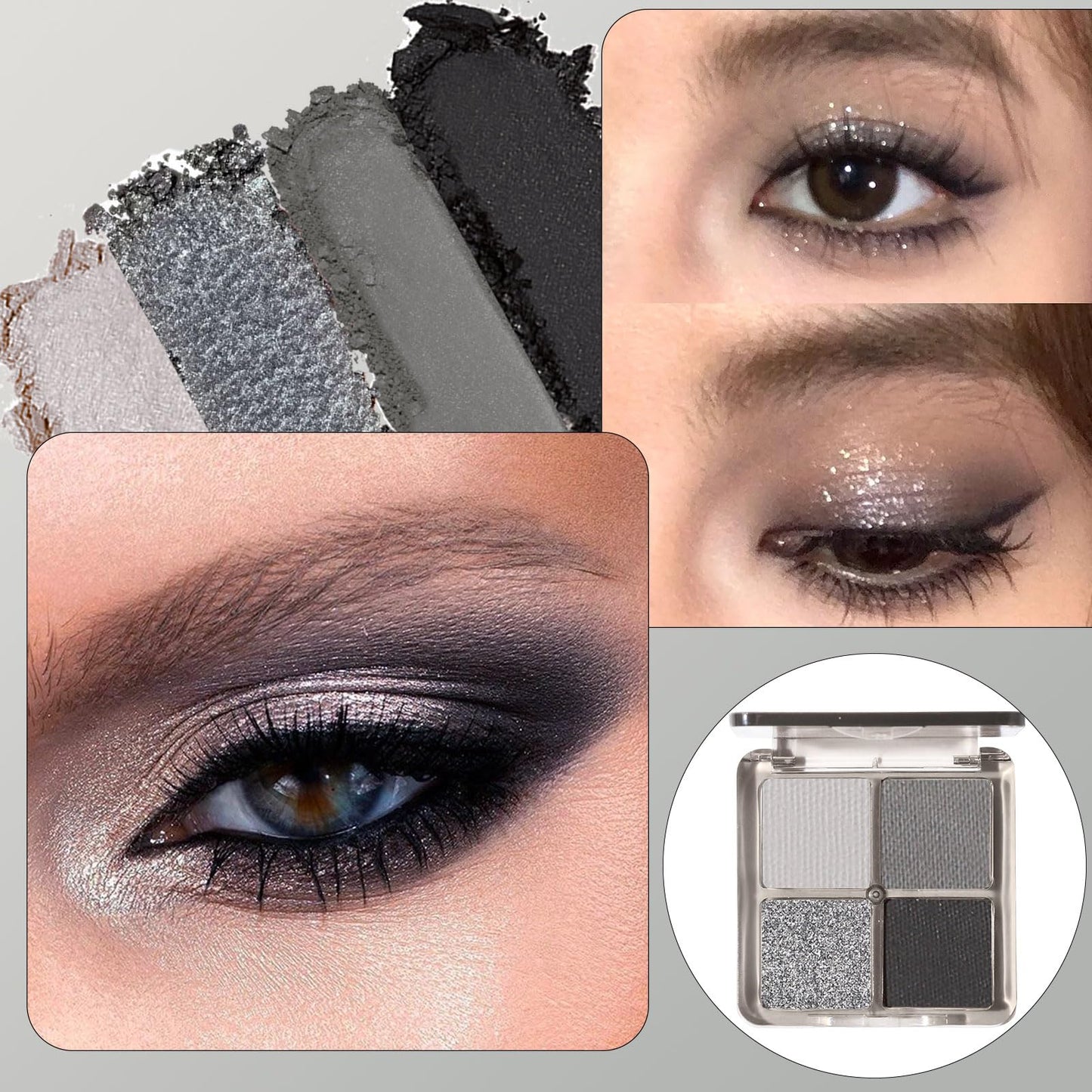 Black Silver Smoky Eyeshadow Palettes, Gray Cool Make-Up Palettes Shimmer Glitter Eye Shadow, 4-colour Gothic Highly Pigmented Long Lasting Shimmering and Matte Eye Shadow Palette