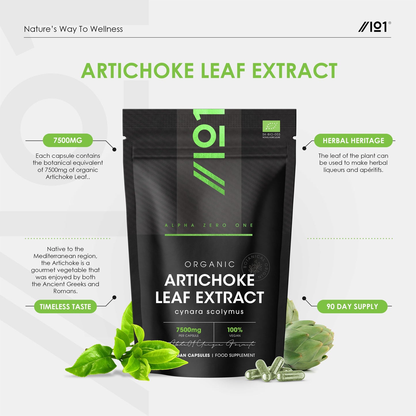 ALPHA01 Organic Artichoke Extract 7500mg - High Strength Cynara Scolymus Supplement - 90 Vegan Capsules (3 Months Supply) - Resealable and Recyclable Pouch - by Alpha01