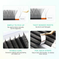 NAGARAKU Eyelash Extensions Cluster 3D Volume Lashes Hand Woven Long Stem 0.07mm D Curl 8-14mm Mix Matte Black Premade Fans 3 Tips False Eye Lash Extension
