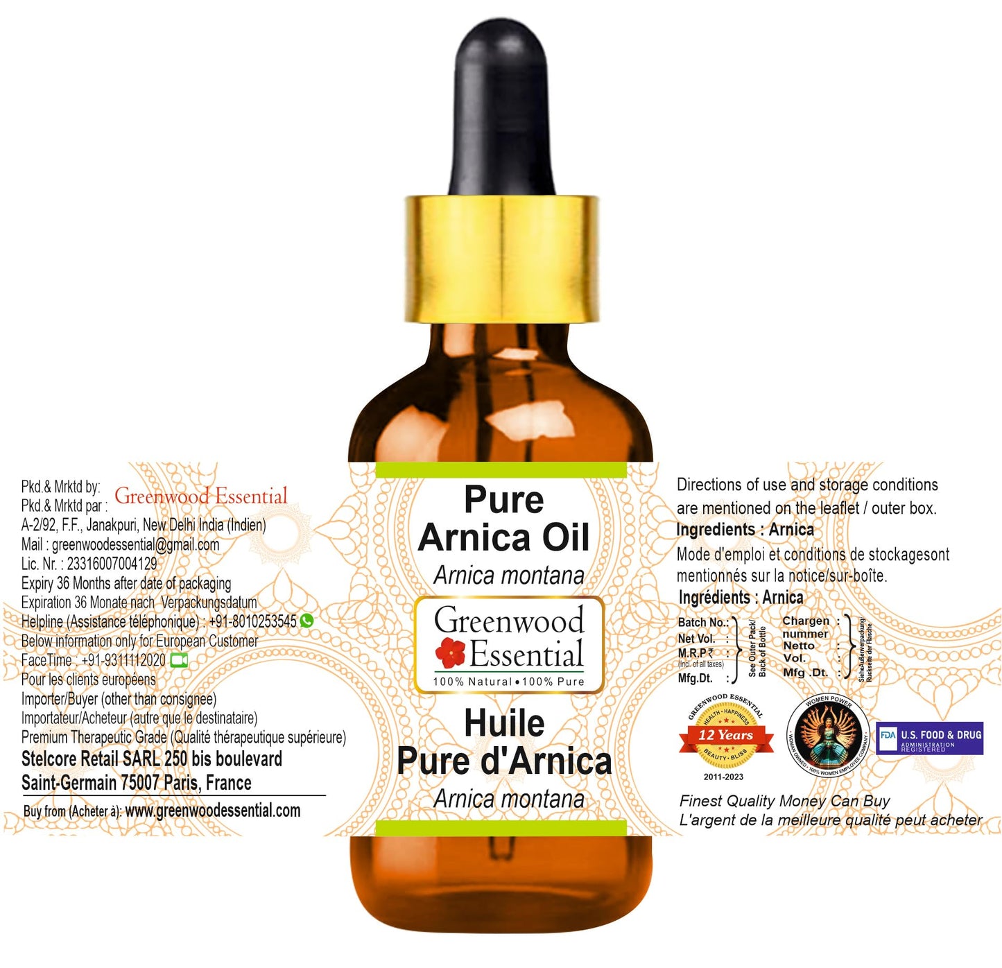 Greenwood Essential Pure Arnica Oil (Arnica montana) with Glass Dropper for Skin & Hair 100ml x 2 (6.76 oz)