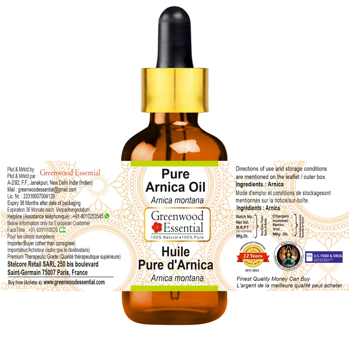 Greenwood Essential Pure Arnica Oil (Arnica Montana) with Glass Dropper 100% Natural Therapeutic Grade for Personal Care 5ml (0.16 oz)