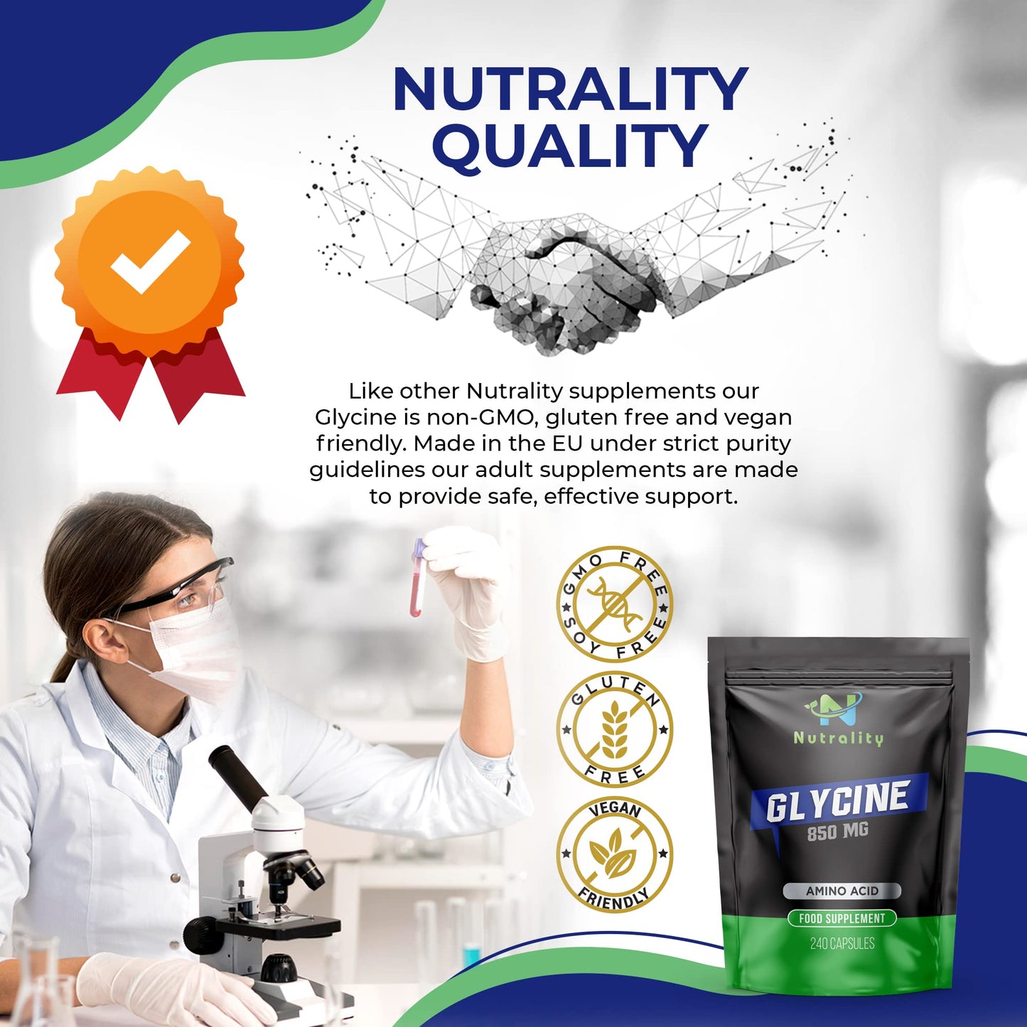 Nutrality Glycine Supplement | 850 mg per Serving | Amino Acid Neurotransmitter, Nervous System Support, Sleeping Aid & Liver Detoxification | 240 Capsules