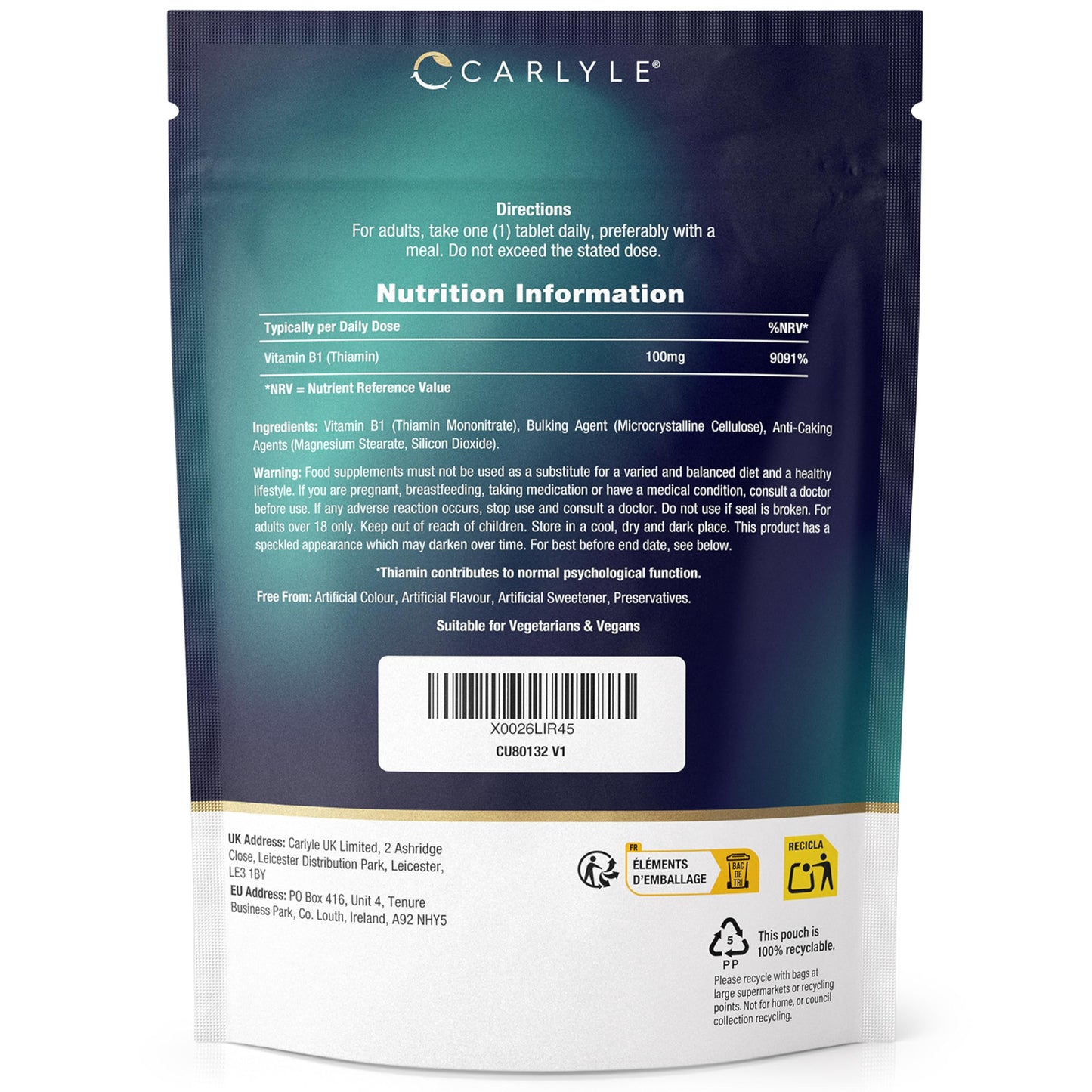 Vitamin B1 Thiamin 100mg Tablets | 100 Count (3+ Months Supply) | High Strength VIT B1 Thiamine Supplement | No Artificial Preservatives | by Carlyle
