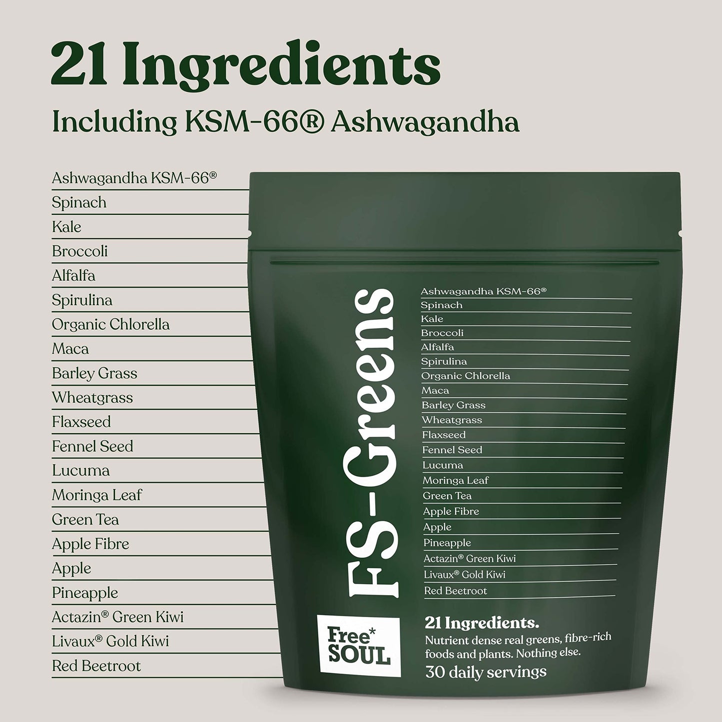 FS-Greens | 21 Advanced Greens, Superfoods, and Adaptogens Including KSM-66® Ashwagandha | Vegan & Gluten-Free | Advanced Formula | UK Made | Free Soul (30 Servings)