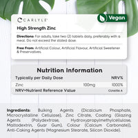 Zinc Supplements 100mg | High Strength Zinc Tablets | 180 Count | Suitable for Vegetarians & Vegans | Carlyle