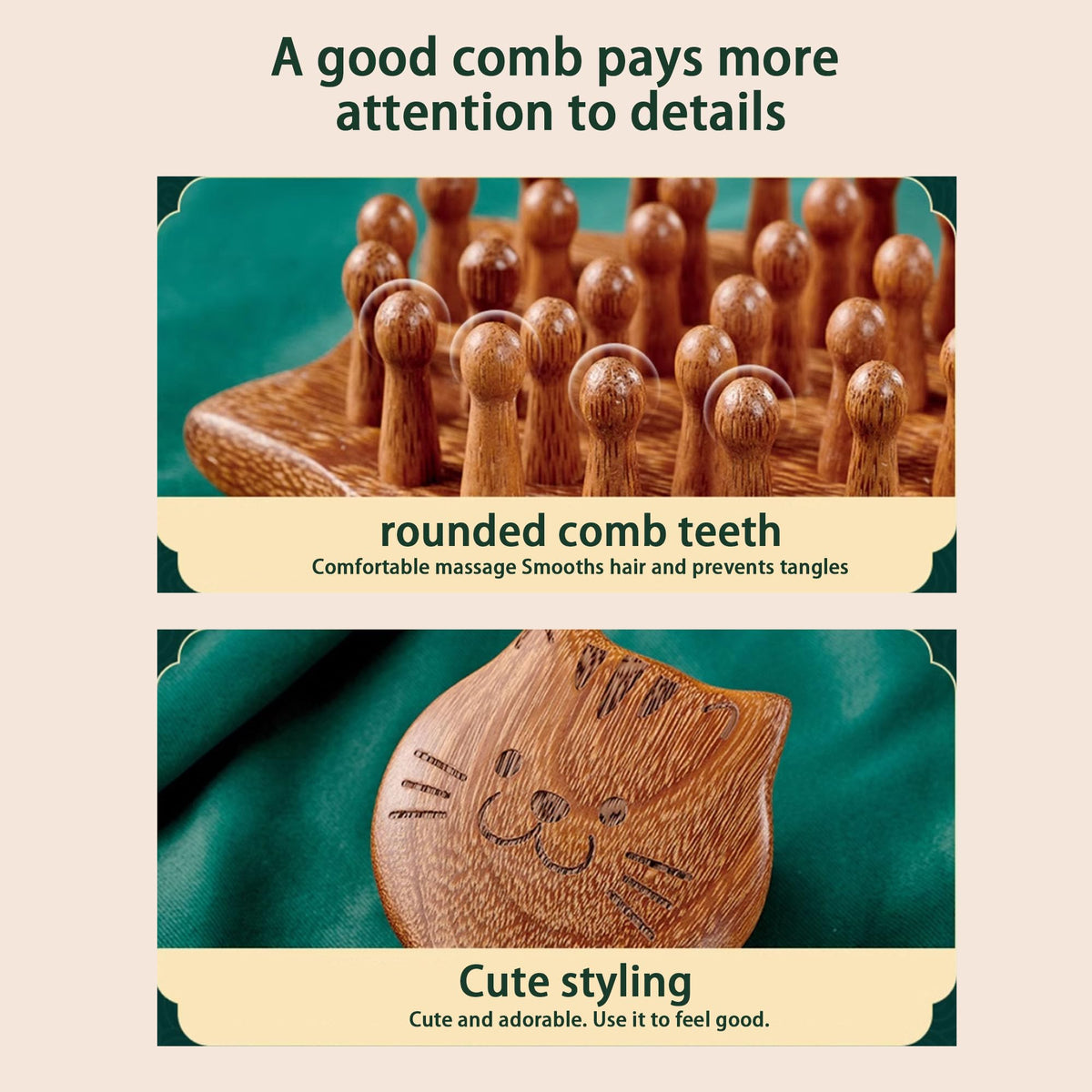 FTA&ATF Wooden massage comb, Sandalwood Massage Gua Sha Comb,wide teeth, smooth, A handheld massage comb in the shape of a kitten