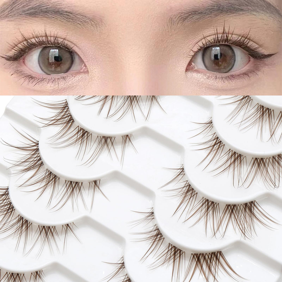 WUZIA 10 Pairs Brown Lashes Clear Band Manga Japanese Anime Cosplay Eyelashes Asian False Natural Look Like Individual Clusters (A02-Cat Eye 8-13mm)