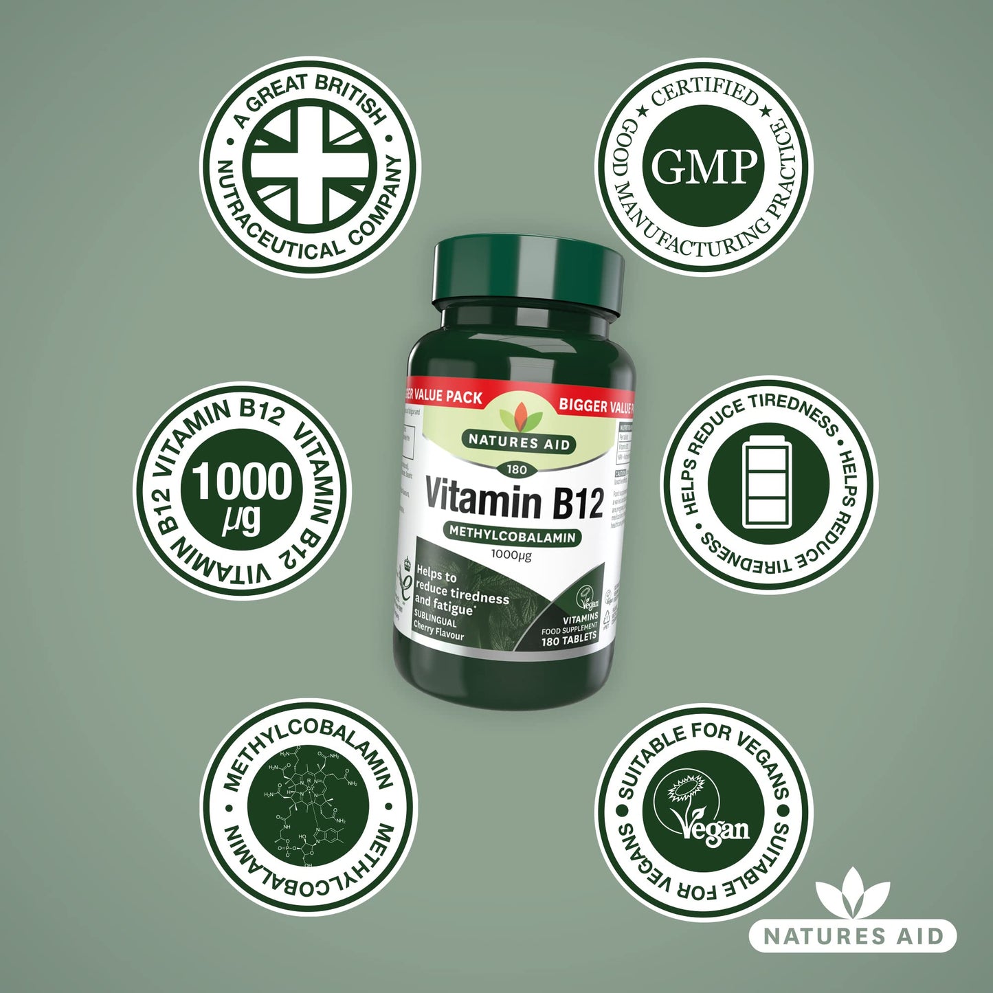 Natures Aid Vitamin B12, Methylcobalamin, One-A-Day, Cherry Flavour, 180 Tablets