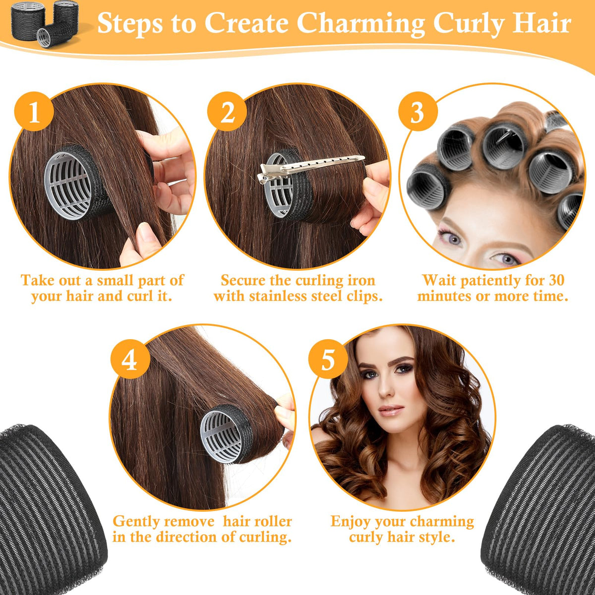 Thrilez 39PCS Hair Curlers Rollers with Clips Black Hair Roller with 3 Sizes 64mm 44mm 33mm, Jumbo Roller with 12PCS Duckbill Clips Hair Rollers for Long Medium Short Thick Fine Volume Bangs