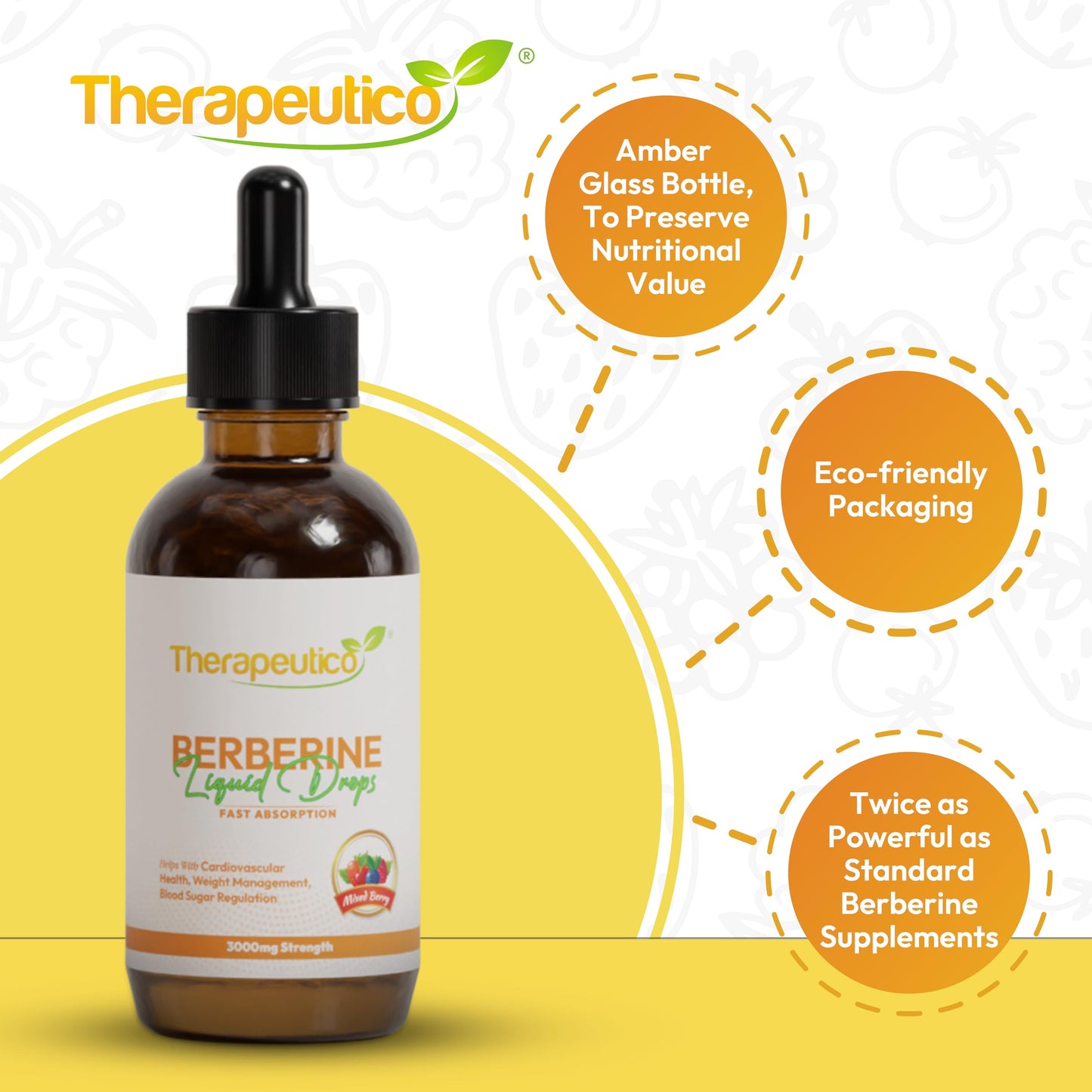 Therapeutico Berberine Supplement Liquid Drops | 3000mg | Mixed Berry Flavour | 99% Bio-Availability | Vegan | 60ml