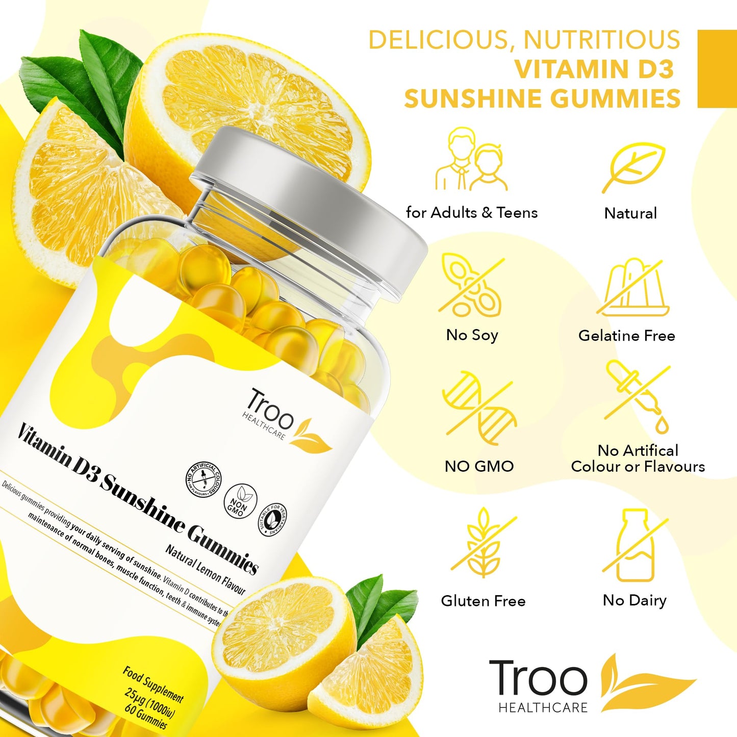 Troo Health Care Vitamin D3 Gummies (1000iu) - Natural Lemon Flavoured - 60 Count for Teens & Adults - 5 Month Supply - Non-GMO, Supports Immune Function, Bone & Teeth Health