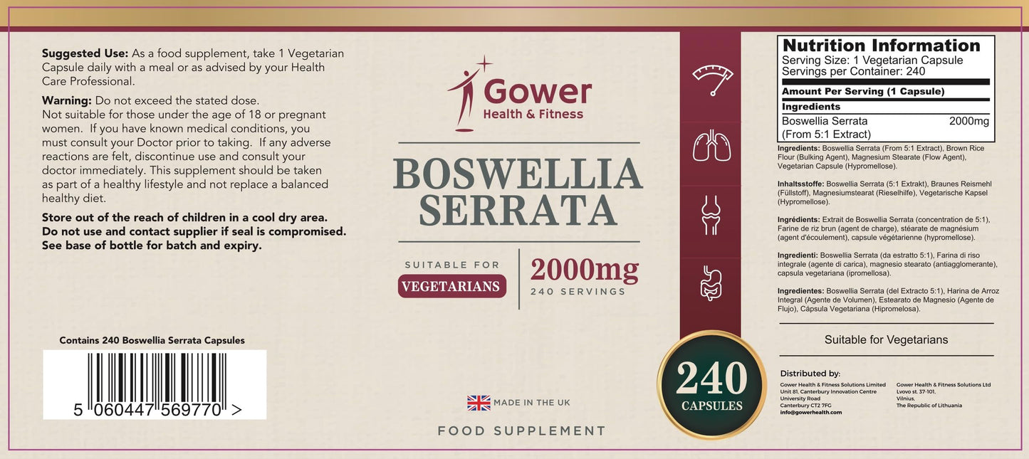 Gower Health & Fitness GH Boswellia Serrata 2000mg High Strength Capsules | 5:1 Boswellia Extract | 240 Vegan Capsules | Boswelia Frankincense Supplement | Non-GMO & Gluten Free | Made in The UK