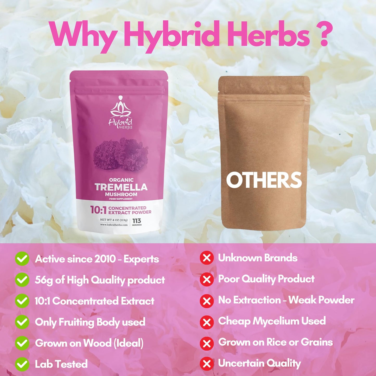 Hybrid Herbs HYBRID HERBS – Organic Tremella Mushroom | 10:1 Extract Powder 113g | Anti Aging Supplement for Beauty & Skin | Rich in Antioxidants, Beta Glucans, Vitamin D & Prebiotic Fibre