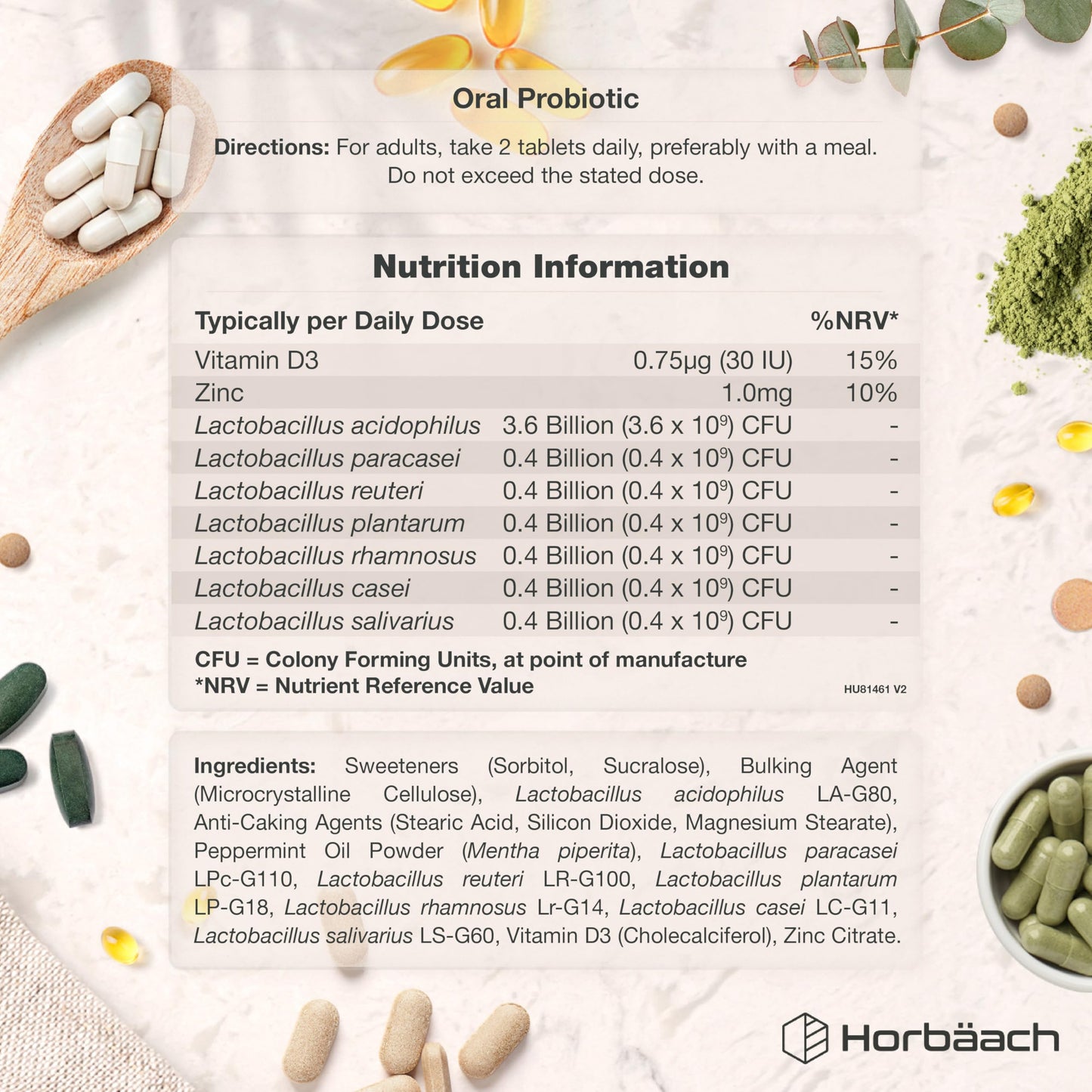 Horbäach Oral ProBio for Mouth 6 Billion CFU | Advanced Dental Biotics for Adults | 7 Strains Including Lactobacillus Reuteri | 60 Vegan Chewable Tablets | Mint Flavour | by Horbaach