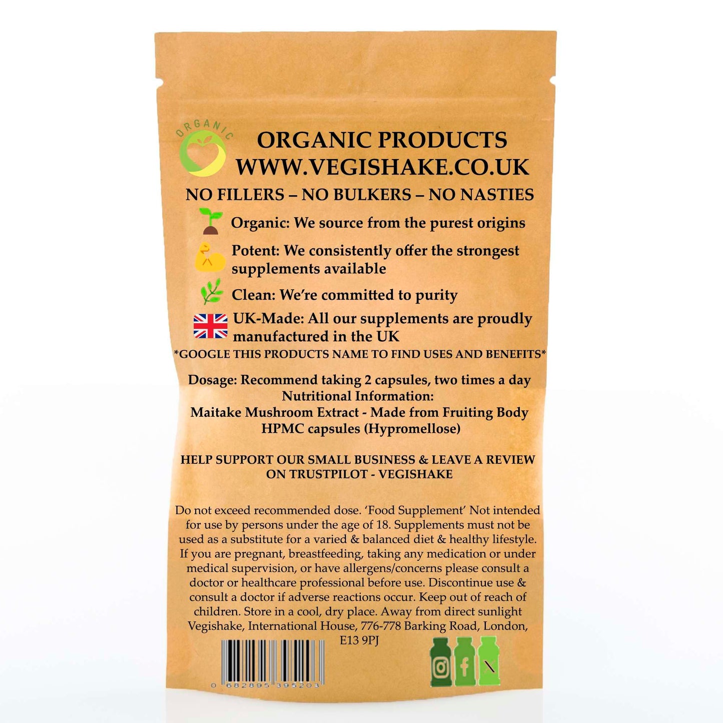vegishake Organic Maitake Mushroom Extract Capsules Fruiting Body Polysaccharid (90 Capsules)