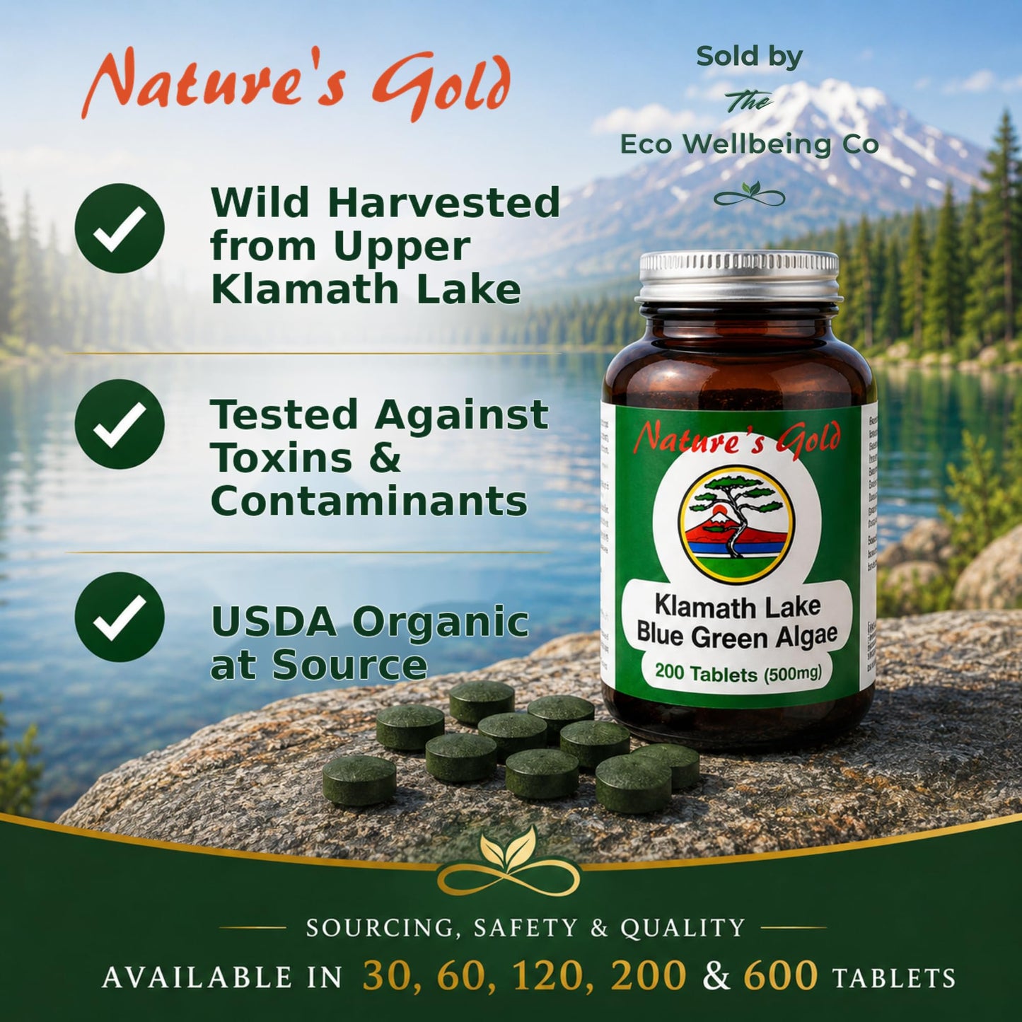 NATURE'S GOLD Nature’s Gold Klamath Lake Blue Green Algae 200 Tablets 500mg – Vegan. No Fillers. Tested for Purity