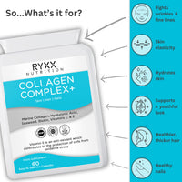 Ryxx Collagen Complex+ | Marine Collagen Supplement with Hyaluronic Acid, Biotin, Vitamin C & E | Skin, Hair & Joint Support | 60 Capsules | Made in the UK by RYXX