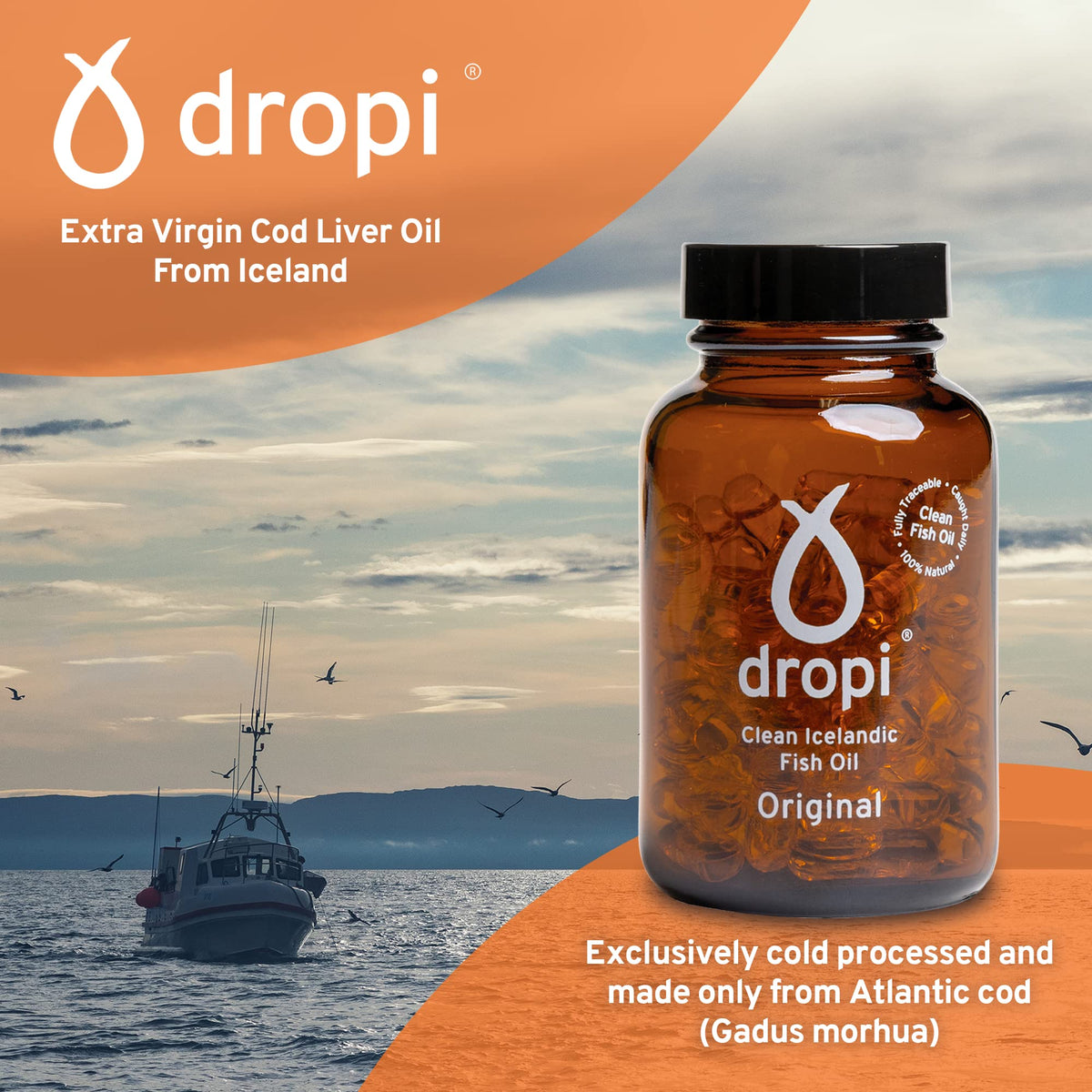Dropi Icelandic Fish Oil - Extra Virgin Cod Liver Oil (EVCLO) - Natural Source of Vitamin A & D3 - Cold-Processed, Traceable & Pure from the Westfjords Pristine Atlantic Fishing Grounds (60 x 500mg)