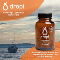 Dropi Icelandic Fish Oil - Extra Virgin Cod Liver Oil (EVCLO) - Natural Source of Vitamin A & D3 - Cold-Processed, Traceable & Pure from the Westfjords Pristine Atlantic Fishing Grounds (60 x 500mg)