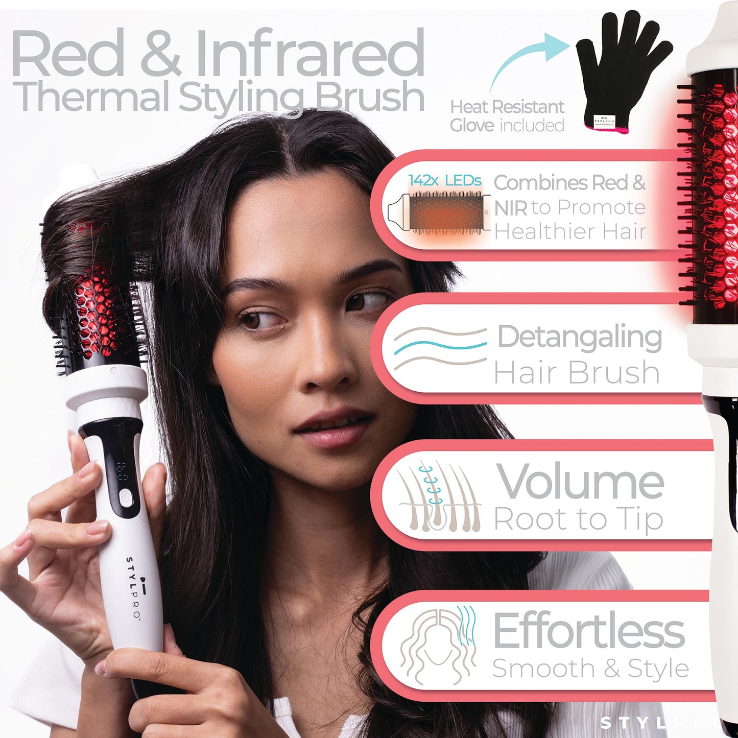 StylPro STYLPRO Thermal Brush with Red & Near Infrared LEDs – 58 NIR + 84 Red LEDs, Ceramic Barrel, Adjustable Heat, Lightweight Blowout & Curling Brush for All Hair Types