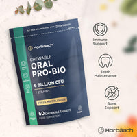 Horbäach Oral ProBio for Mouth 6 Billion CFU | Advanced Dental Biotics for Adults | 7 Strains Including Lactobacillus Reuteri | 60 Vegan Chewable Tablets | Mint Flavour | by Horbaach