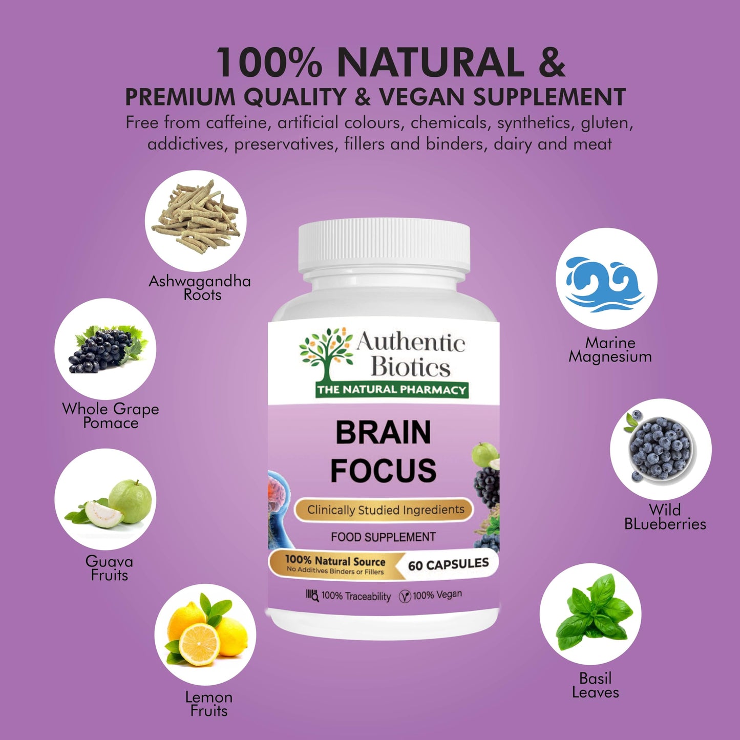 Authentic Biotics – 60 Ashwagandha Magnesium & B Complex Brain Nootropics Capsules, Multivitamins & Minerals, B Vitamins From 100% Plant Source, Natural Magnesium For Men & Women