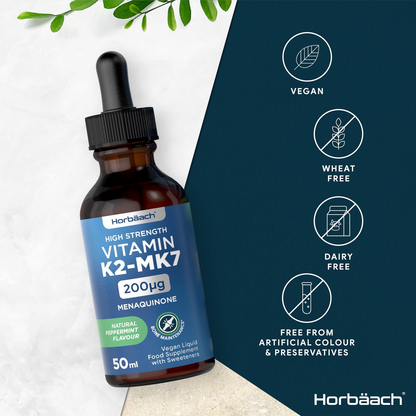 Vitamin K2 MK7 Drops 200ug | 50 ml | High Strength Vitamin K2 as Menaquinone MK7 | Peppermint Flavour | Vegan Liquid Food Supplement | by Horbaach