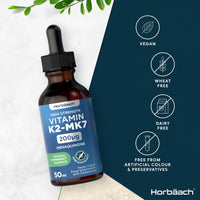 Vitamin K2 MK7 Drops 200ug | 50 ml | High Strength Vitamin K2 as Menaquinone MK7 | Peppermint Flavour | Vegan Liquid Food Supplement | by Horbaach