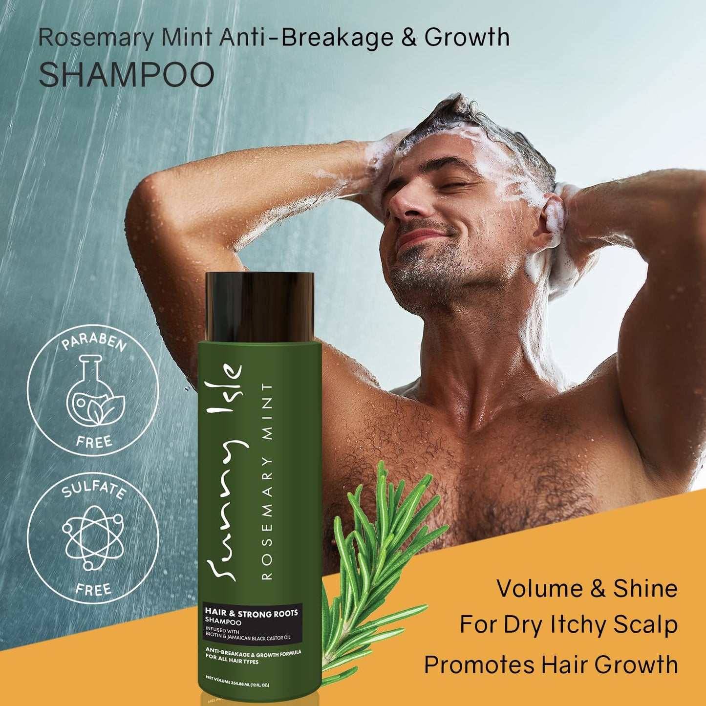 Sunny Isle Rosemary Mint Hair & Strong Roots Shampoo 12oz, Anti-Breakage Formula, Infused with Biotin and Jamaican Black Castor Oil, All Hair Types