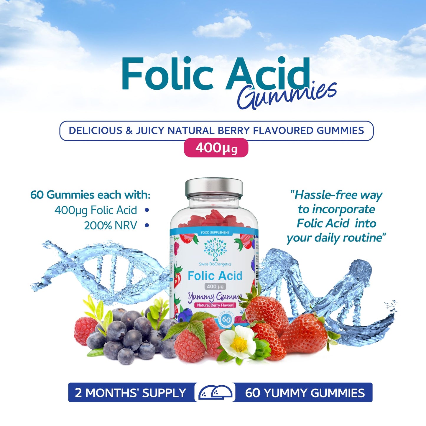 Folic Acid Gummies - 400μg, 60 Natural Berry Flavoured & Vegan Gummies - High Strength Vitamin B9 Folic Acid Pregnancy Support Prenatal Vitamin - No Artificial Sweeteners or Flavours – UK Made