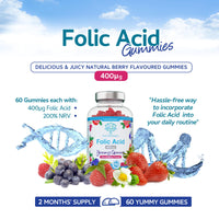 Folic Acid Gummies - 400μg, 60 Natural Berry Flavoured & Vegan Gummies - High Strength Vitamin B9 Folic Acid Pregnancy Support Prenatal Vitamin - No Artificial Sweeteners or Flavours – UK Made