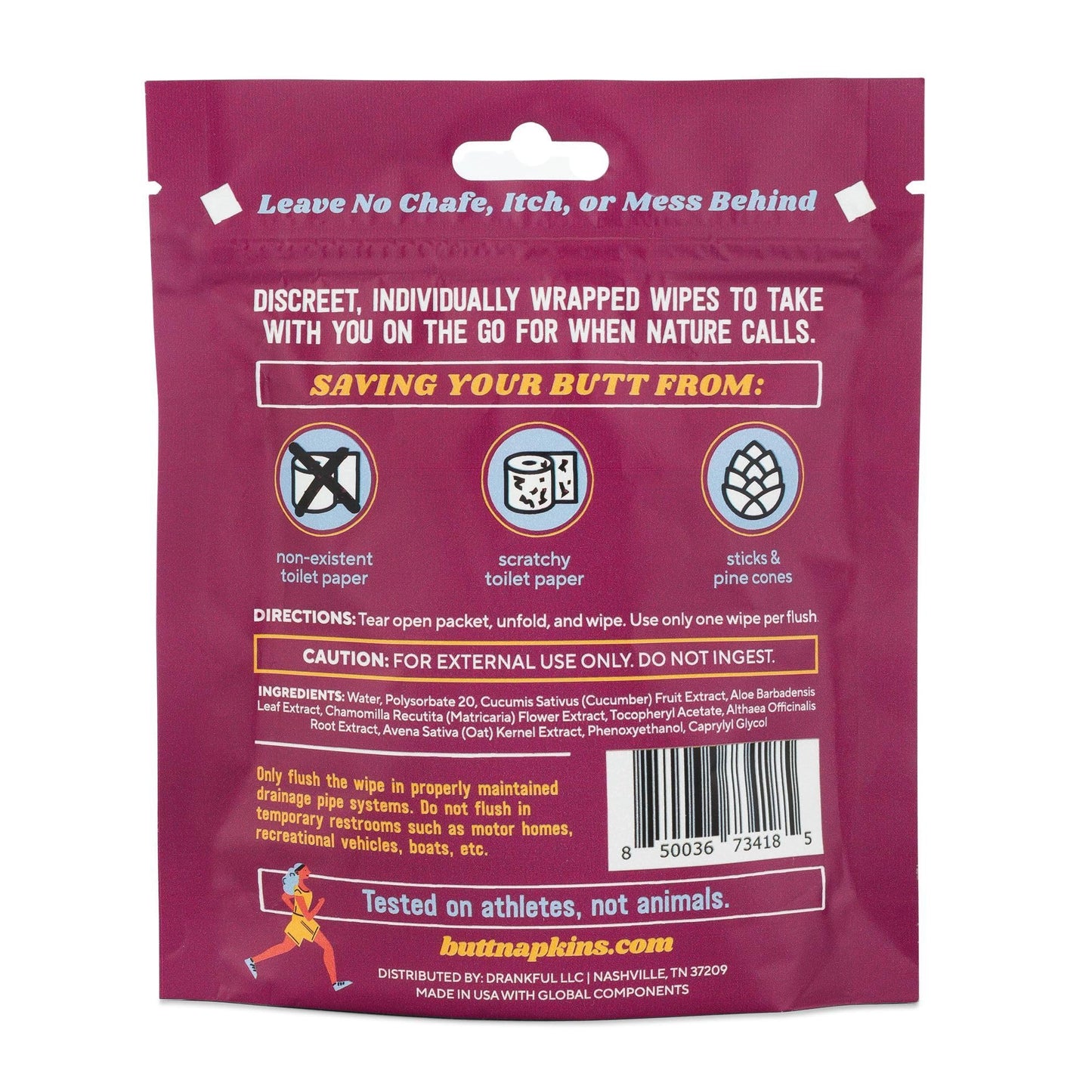 Drankful Butt Napkins - Water-Based Flushable Wipes, Individually Wrapped, For On-The-Go & Travel, Running, Camping, Festivals. Unscented & Hypoallergenic, Adult Sized (Running, 5 Count (Pack of 1))