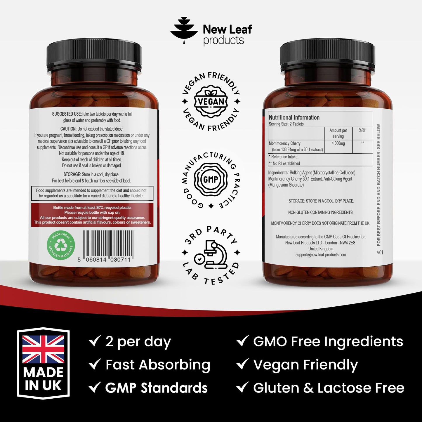 Montmorency Cherry 4000mg - 180 Tablets High Strength Concentrate - Natural Tart Cherry Vegan Supplements (not Capsules or Powder) - Non-GMO, 3 Months Supply - (2 per serving) Made in The UK