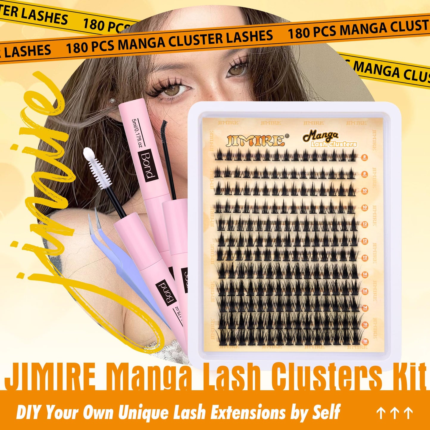 JIMIRE Manga Cluster Lashes Kit Natural Look 180Pcs Individual Eyelashes Kit with Lash Glue Bond and Seal Wispy Lashes Individual Cluster 8-16MM C Curl Anime DIY Eyelash Clusters at Home