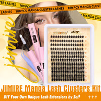 JIMIRE Manga Cluster Lashes Kit Natural Look 180Pcs Individual Eyelashes Kit with Lash Glue Bond and Seal Wispy Lashes Individual Cluster 8-16MM C Curl Anime DIY Eyelash Clusters at Home