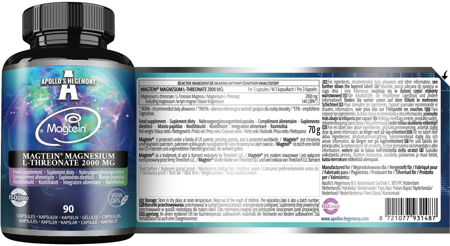 Magtein® Magnesium L-Threonate 144 mg per Daily Dose - 90 Vegan Capsules - 30-Day Supply - for Cognitive Function Support - by Apollo's Hegemony