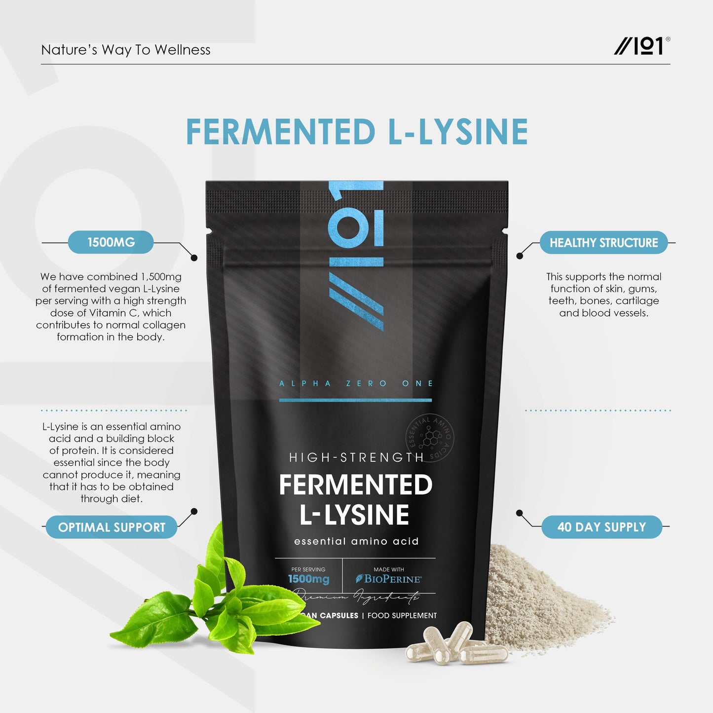 ALPHA01 Fermented L-Lysine 1500mg with BioPerine® - Made with Vitamin C - High Strength - 120 Vegan Capsules – Resealable and Recyclable Pouch – by Alpha01