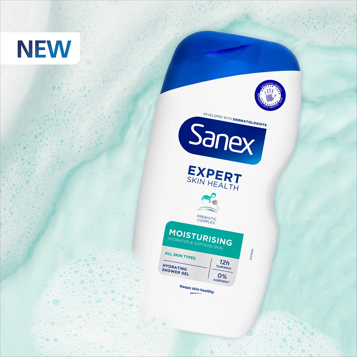 Sanex Expert Skin Health Moisturising Shower gel 570ml - body wash for men & women - gently cleanses - hydrates & softens skin - 12h hydration - advanced prebiotic complex formula - vegan