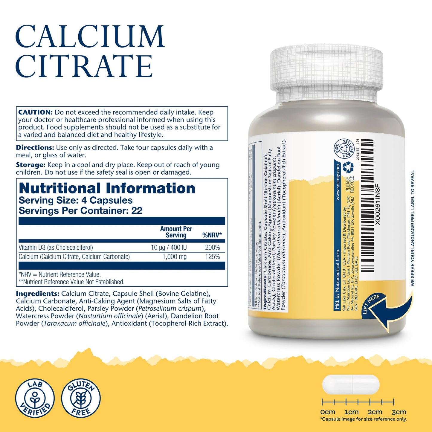 SOLARAY Calcium with Vitamin D3-90 Capsules - Vitamin D 400IU and Calcium Citrate 1000mg Supplement - Gentle Formula for Enhanced Absorption - Lab Verified - Solaray