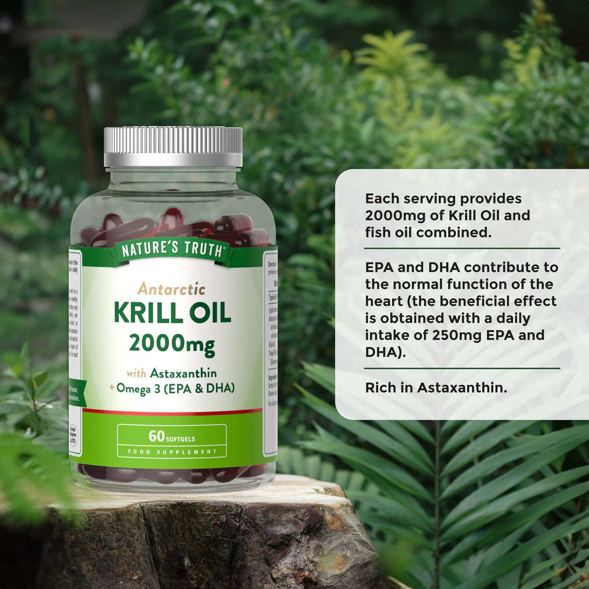 Antarctic Krill Oil 2000mg | High Strength Blend with Omega 3 Fish Oil, Astaxanthin, EPA and DHA | 60 Softgels | Nature's Truth
