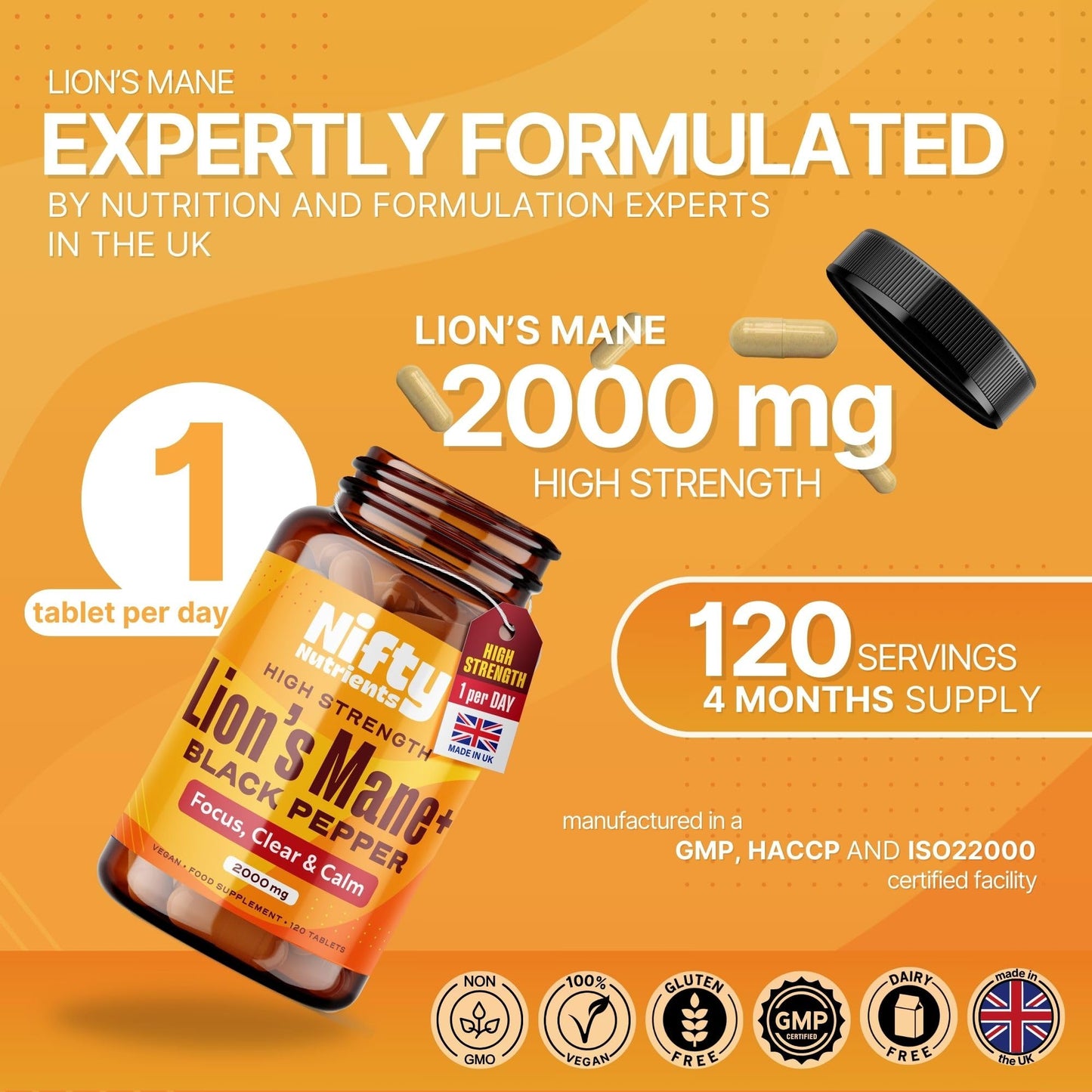 Nifty Nutrients Lions Mane Supplement High Strength 2000mg | 1 a Day 4 Months Supply of 120 Tablets | Lion's Mane Tablets with Black Pepper to Aid Absorption | Made in The UK