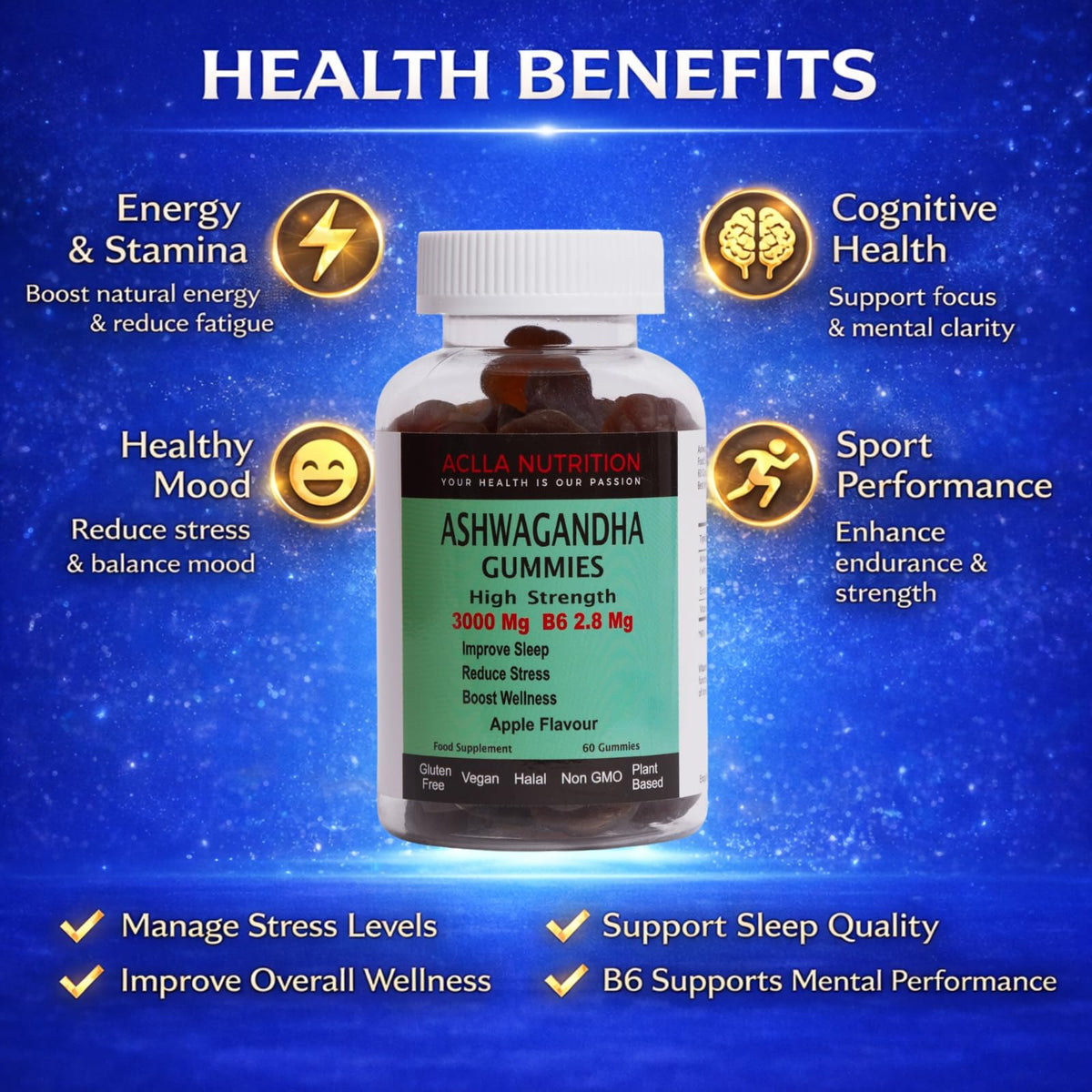 Aclla Nutrition Aclla Ashwagandha Gummies 3000mg with B6 – Vegan Apple Flavor – Stress, Sleep, Anxiety & Mood Support – Adaptogen Energy Booster – 60 Gummies (1 Month Supply)