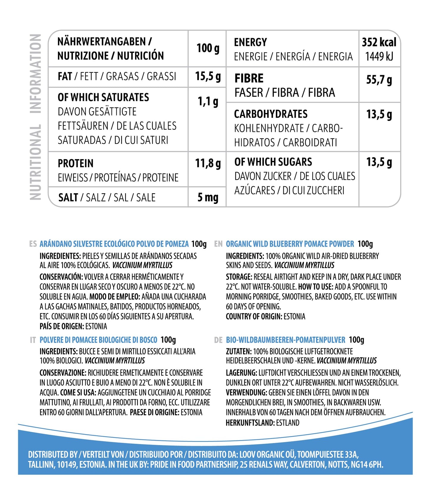 LOOV Wild Blueberry Powder Organic (Pomace Powder), Wild-Crafted from Nordic Forests, Made of Wild Bilberry Skins and Seeds Only, no Added Sugar, High in Fiber, 100 g