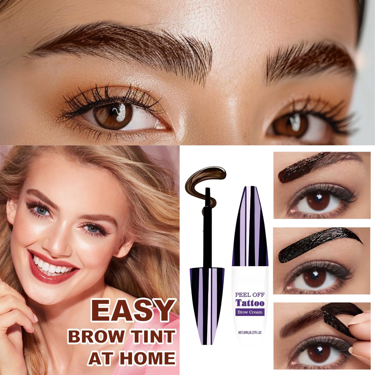 SHEBEEDO Peel Off Eyebrow Tint Gel, Brown Tattoo Brow Peel Off Eyebrow Dye,Semi-Permanent Colour,Anti SmudgeWaterproof Tattoo Brow Tint, Brow Gel Lasts Up to 3 Days